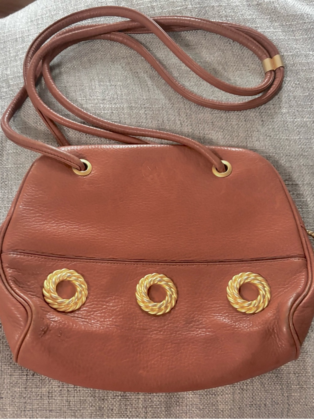 Classic Tan Leather Shoulder Bag with Gold Accent Rings